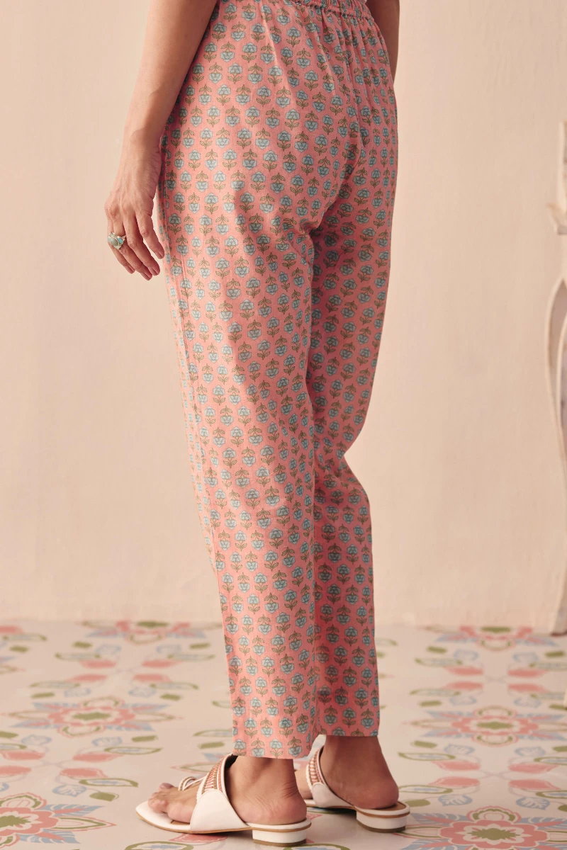 Pink Printed Cotton Narrow Pants