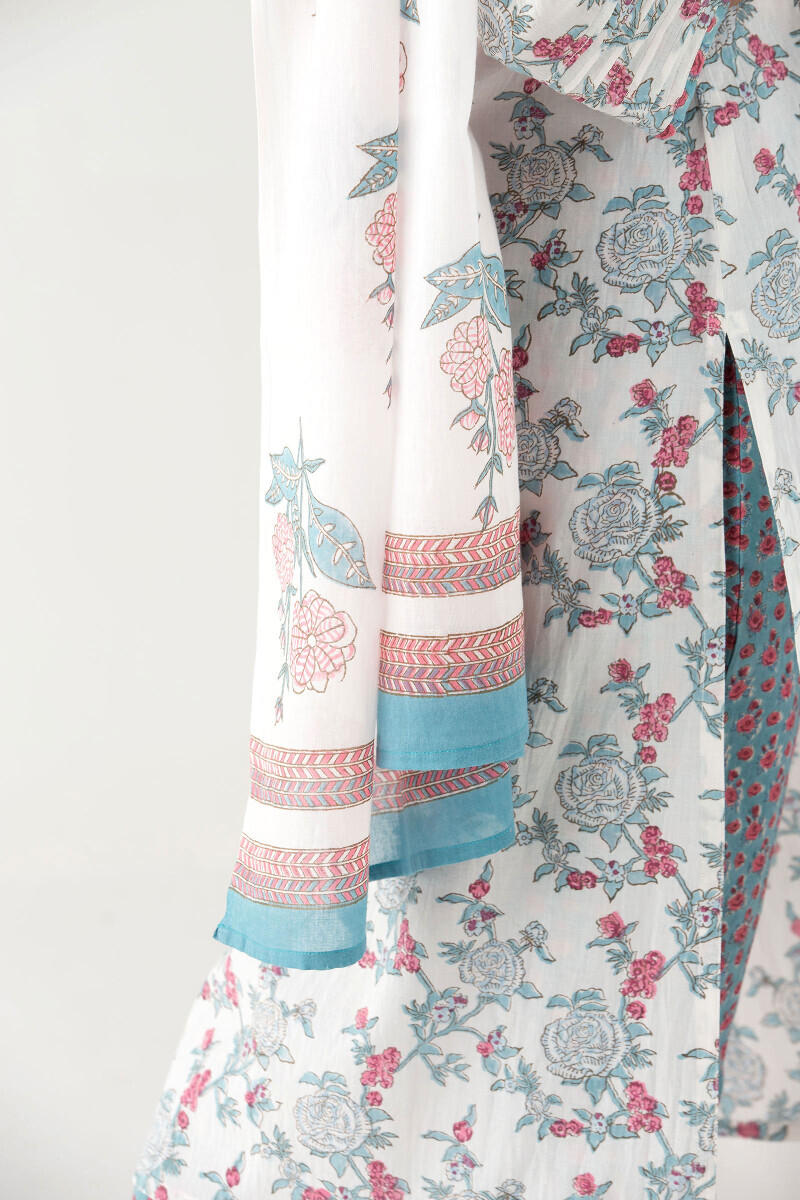 White Block Printed Cotton Dupatta