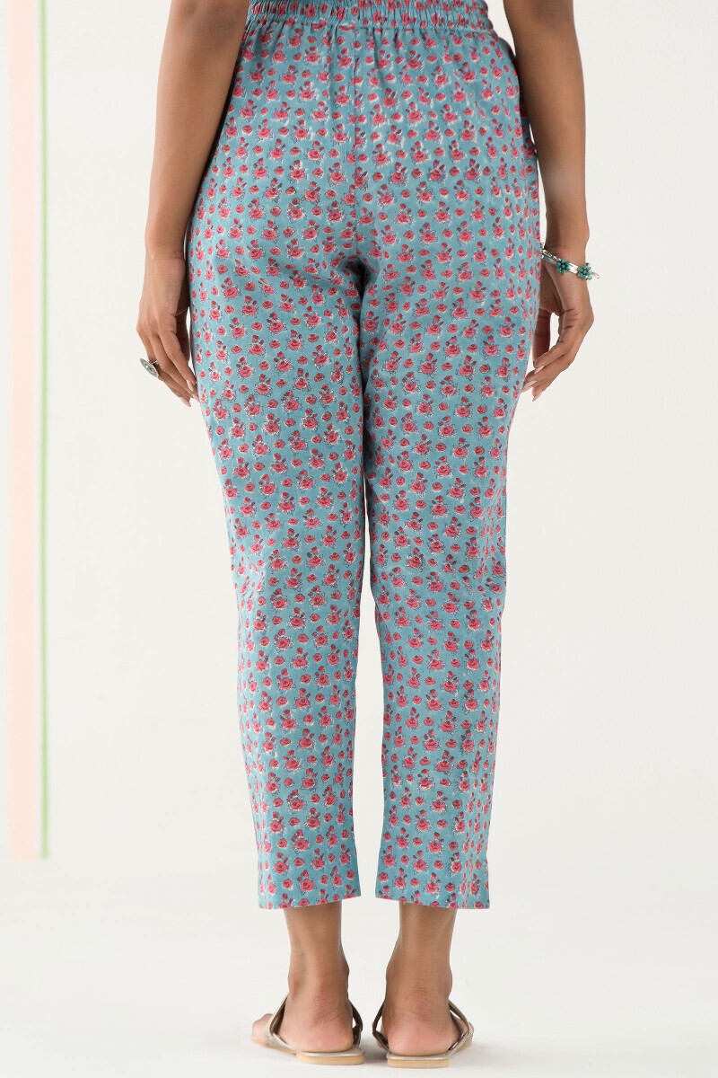 Turquoise Block Printed Cotton Narrow Pants