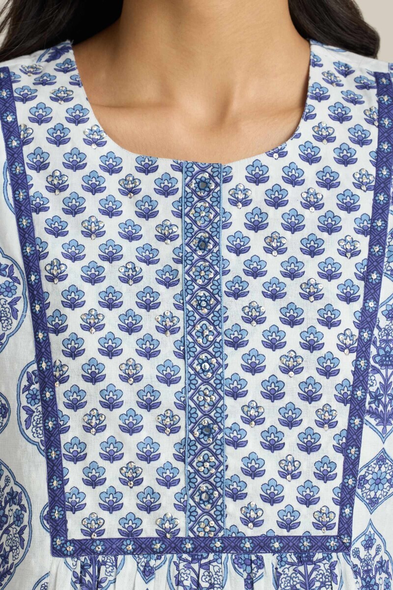 White Hand Printed Short Cotton Dobby Kurta