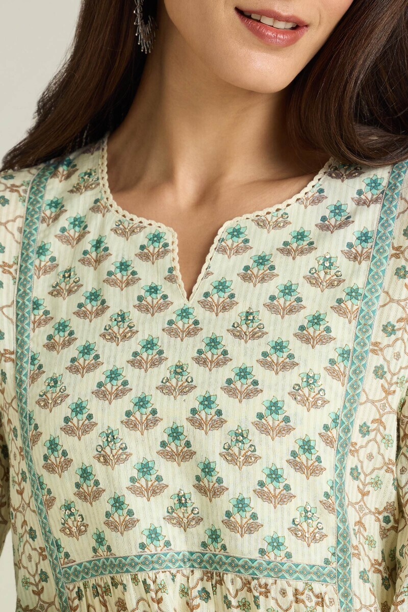 Cream Hand Printed A-Line Cotton Dobby Kurta