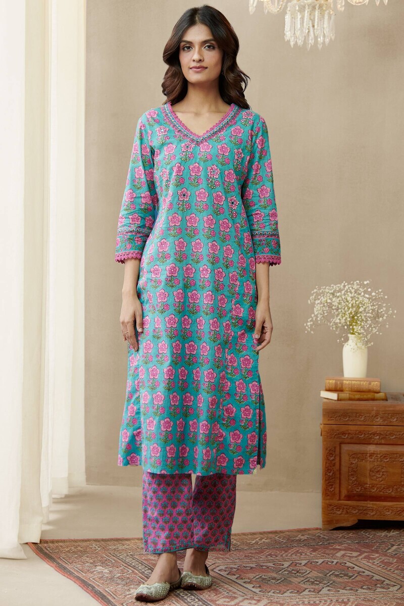 Blue Hand Printed Straight Cotton Slub Kurta