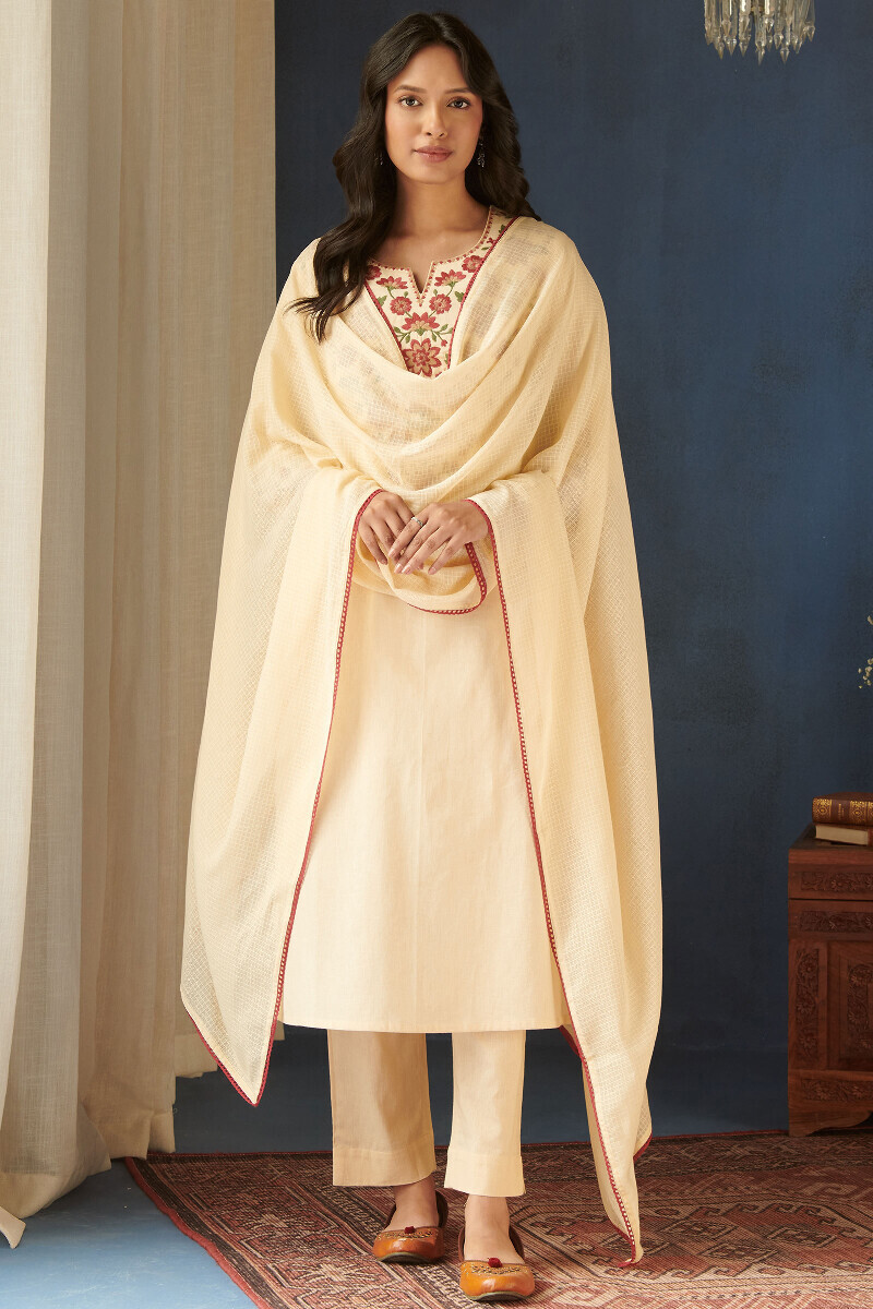 Cream Handcrafted Straight Cotton Flax Kurta
