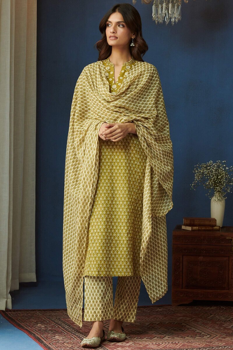 Green Hand Printed Straight Cotton Kurta