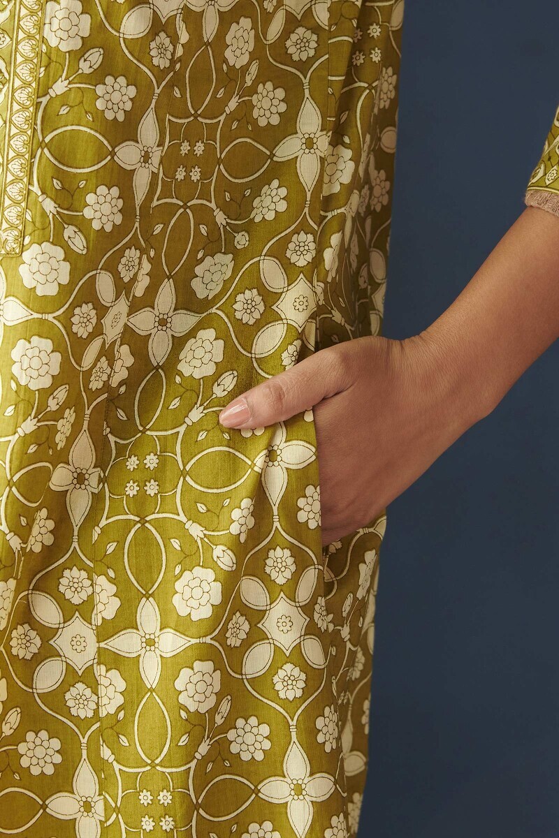 Green Hand Printed Cotton Kaftan