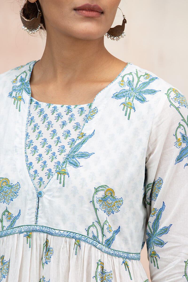 White Block Printed A-Line Cotton Kurta