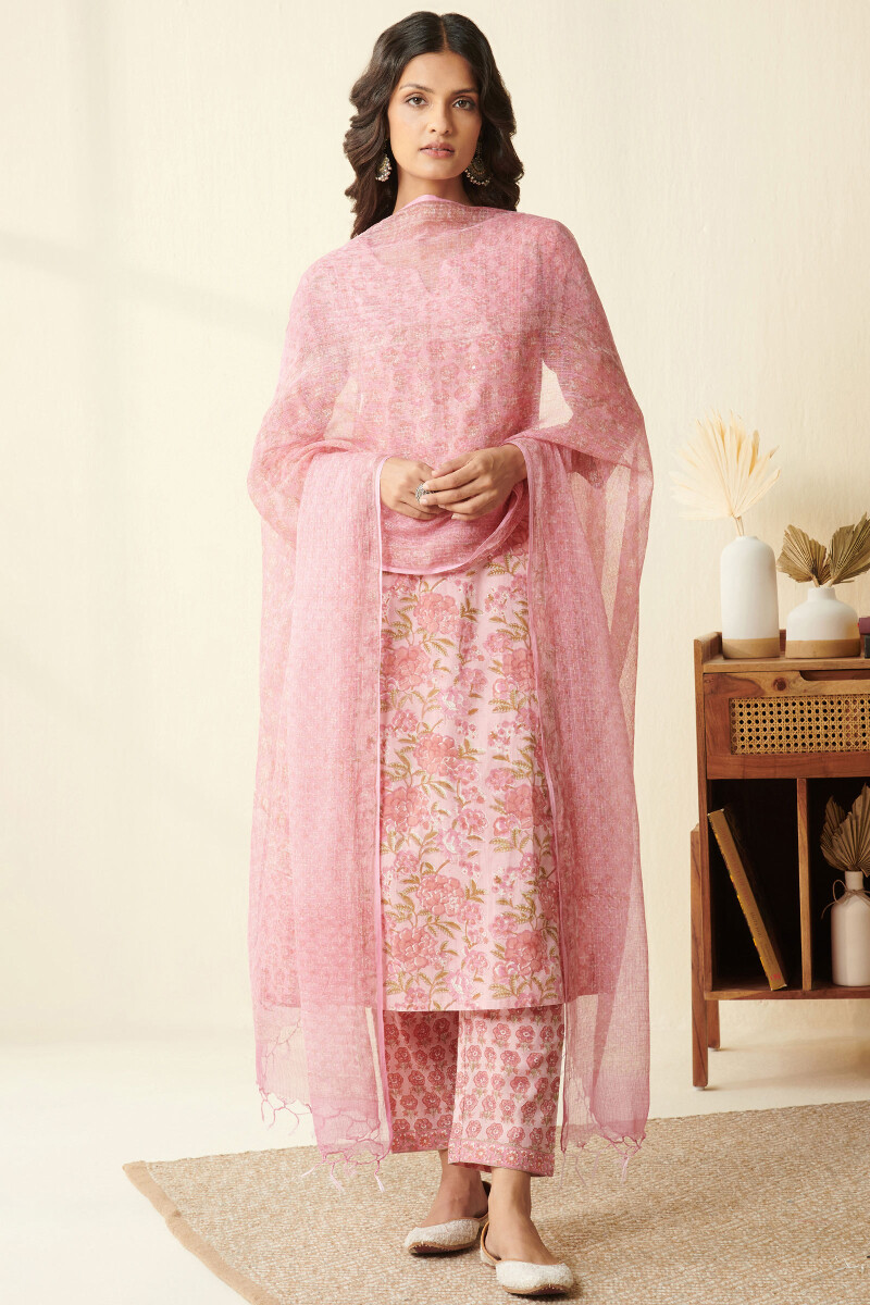 Pink Hand Block Printed Kota Dupatta