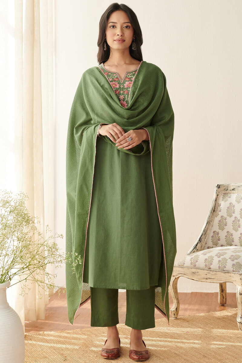 Green Handcrafted Cotton Flax Narrow Pants