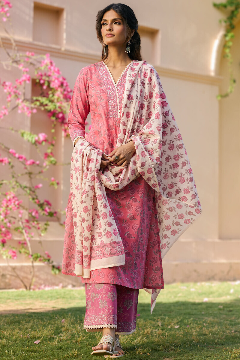 Pink Block Printed Cotton Dupatta