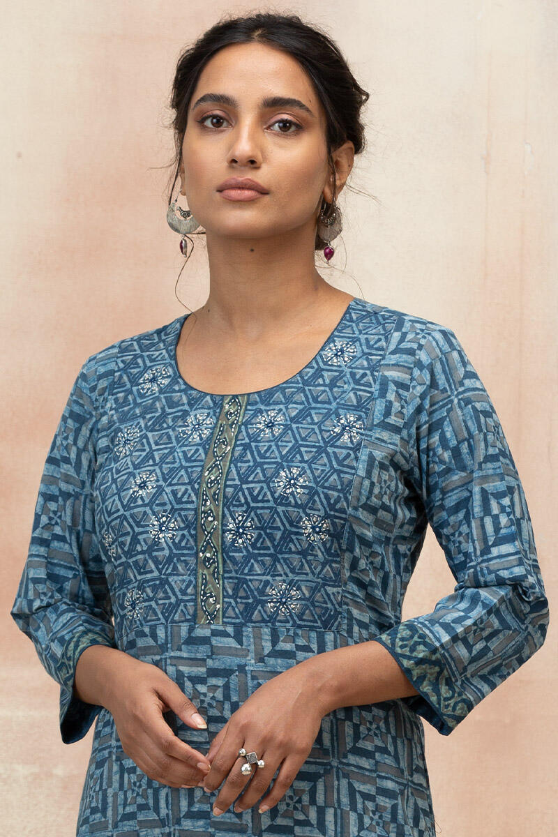 Indigo Block Printed Straight Cotton Kurta