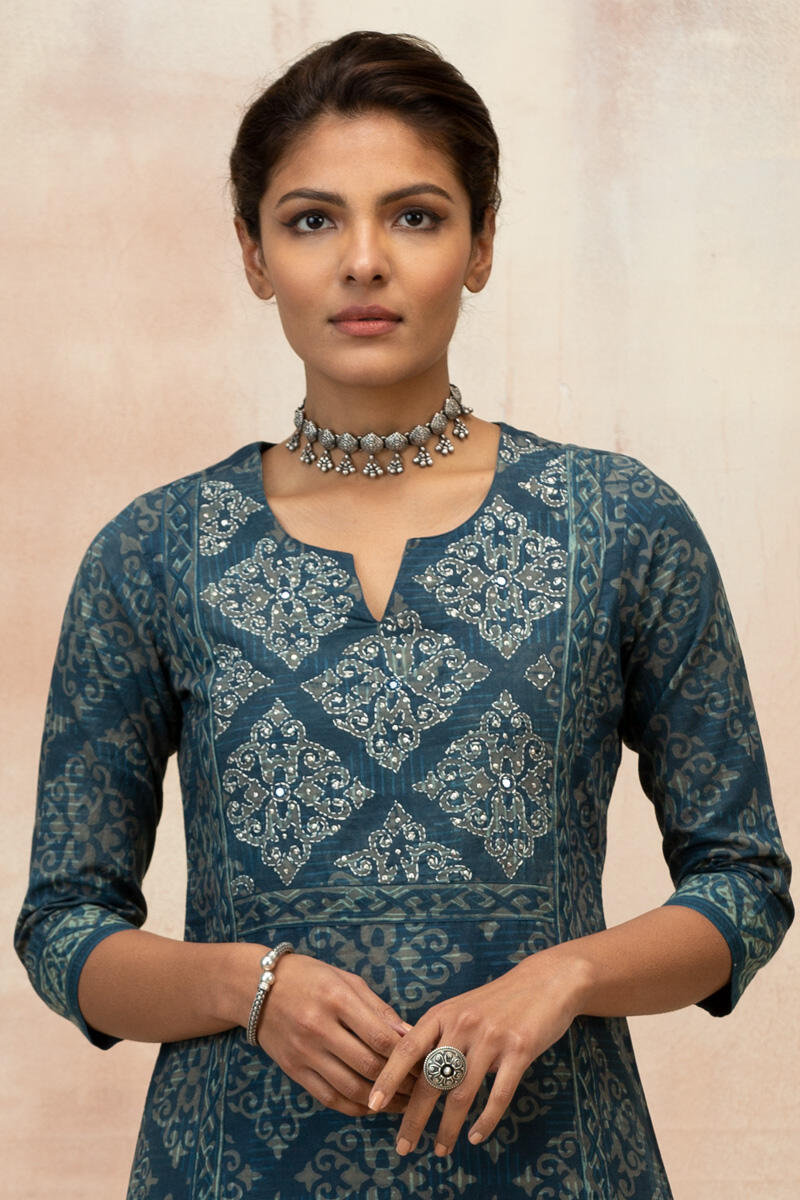 Indigo Block Printed A-Line Cotton Kurta