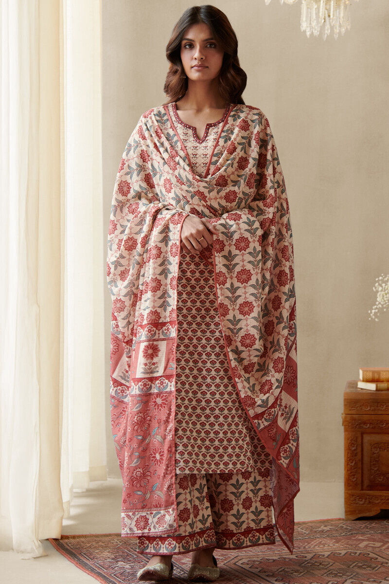 Cream Printed Straight Cotton Kurta