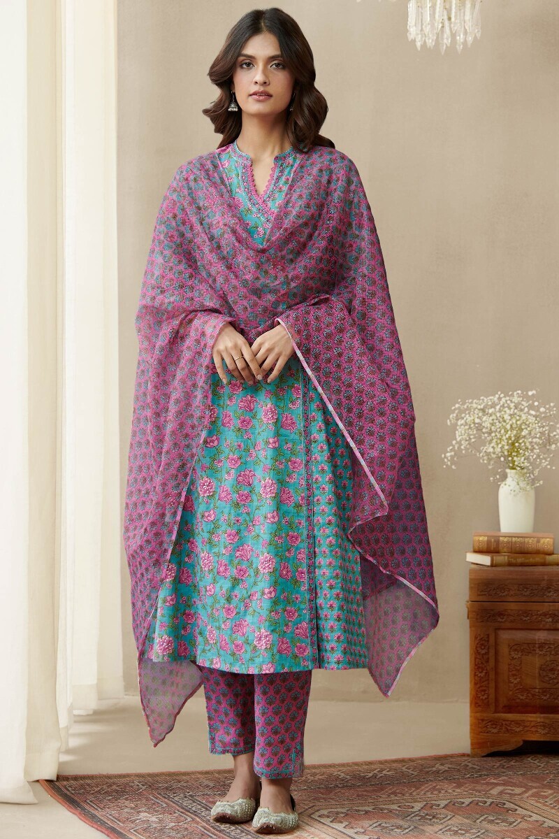 Blue Hand Printed Angrakha Cotton Slub Kurta