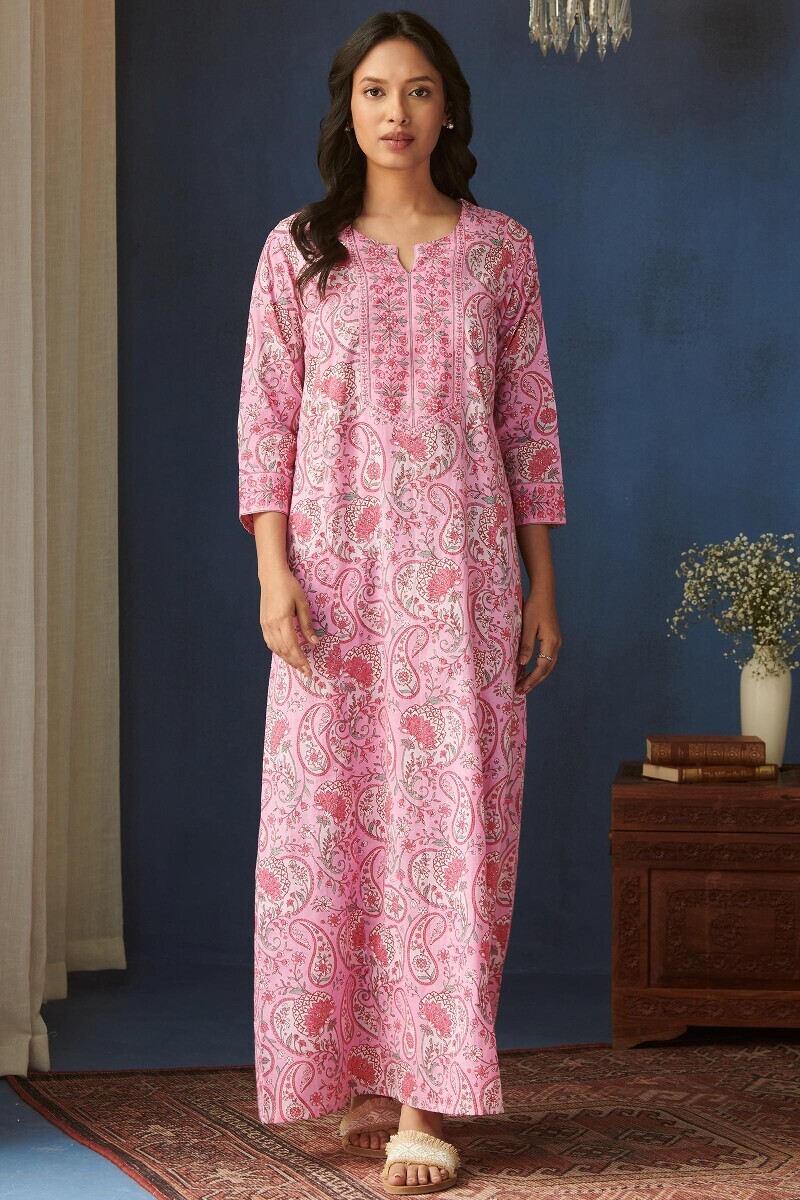 Pink Hand Printed Cotton Kaftan