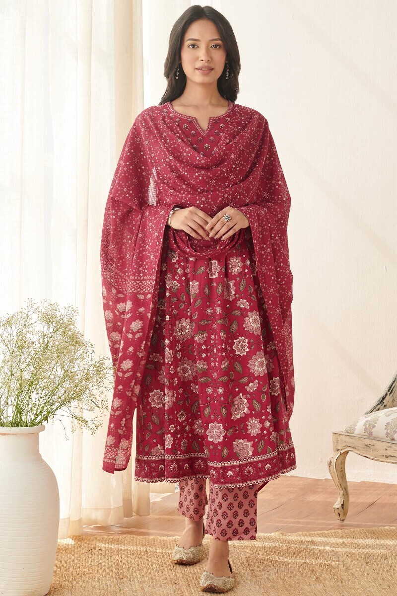 Red Hand Printed A-Line Cotton Kurta