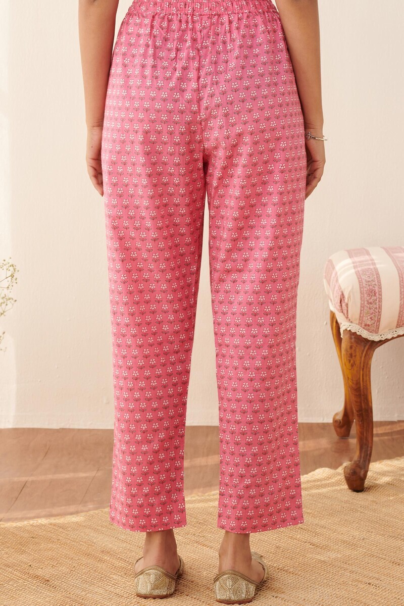 Pink Hand Printed Cotton Narrow Pants