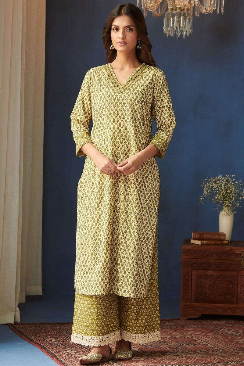 Cream Hand Printed Straight Cotton Kurta