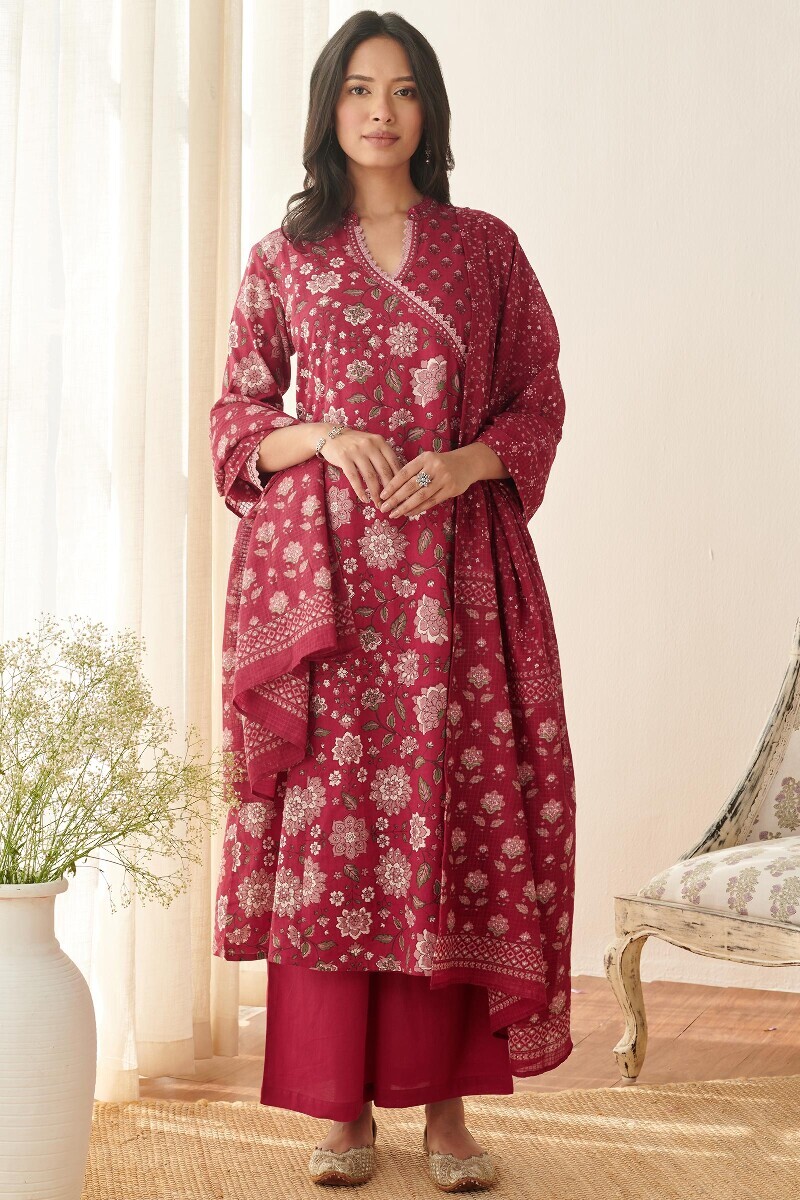 Red Hand Printed Angrakha Cotton Kurta