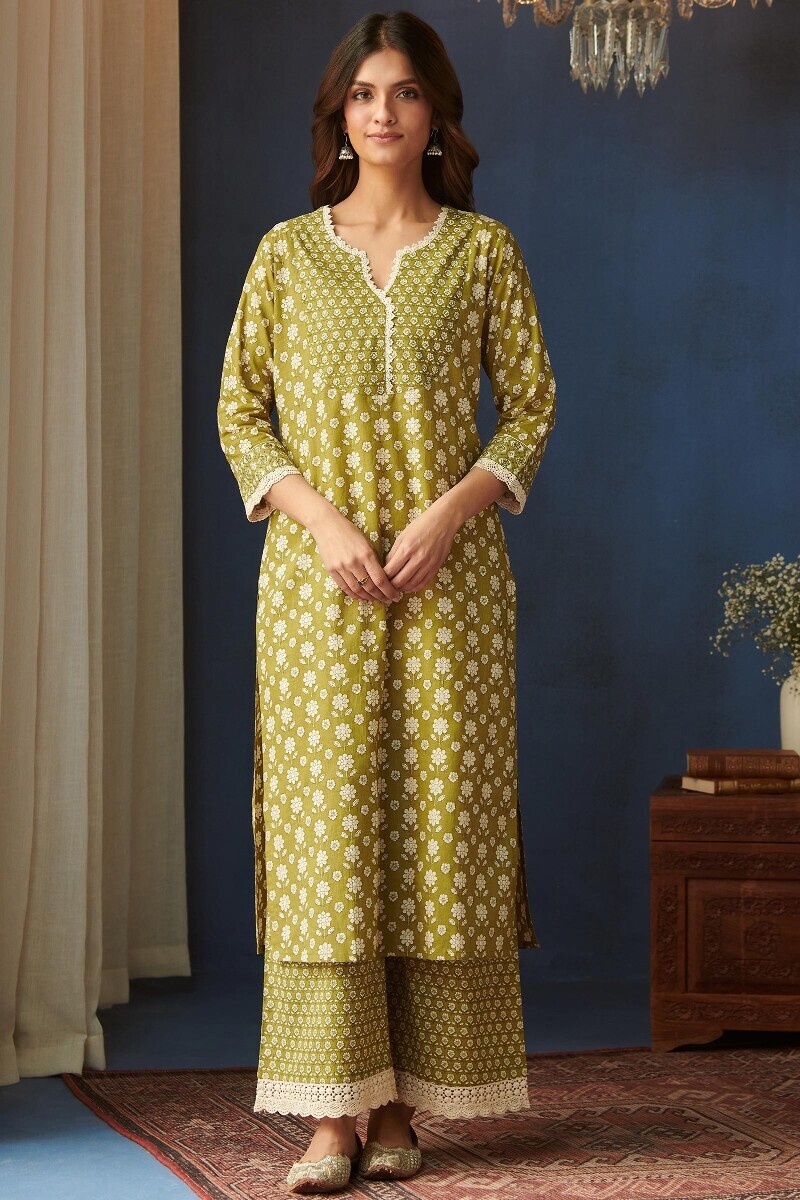 Green Hand Printed Straight Cotton Kurta