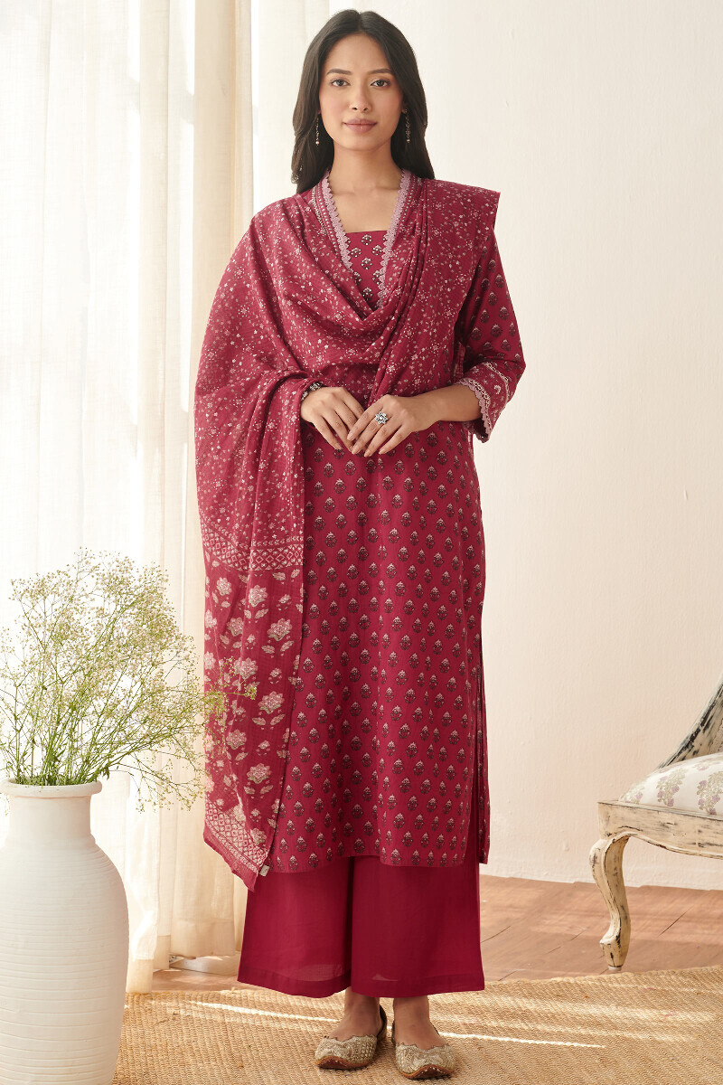Red Hand Printed Straight Cotton Kurta