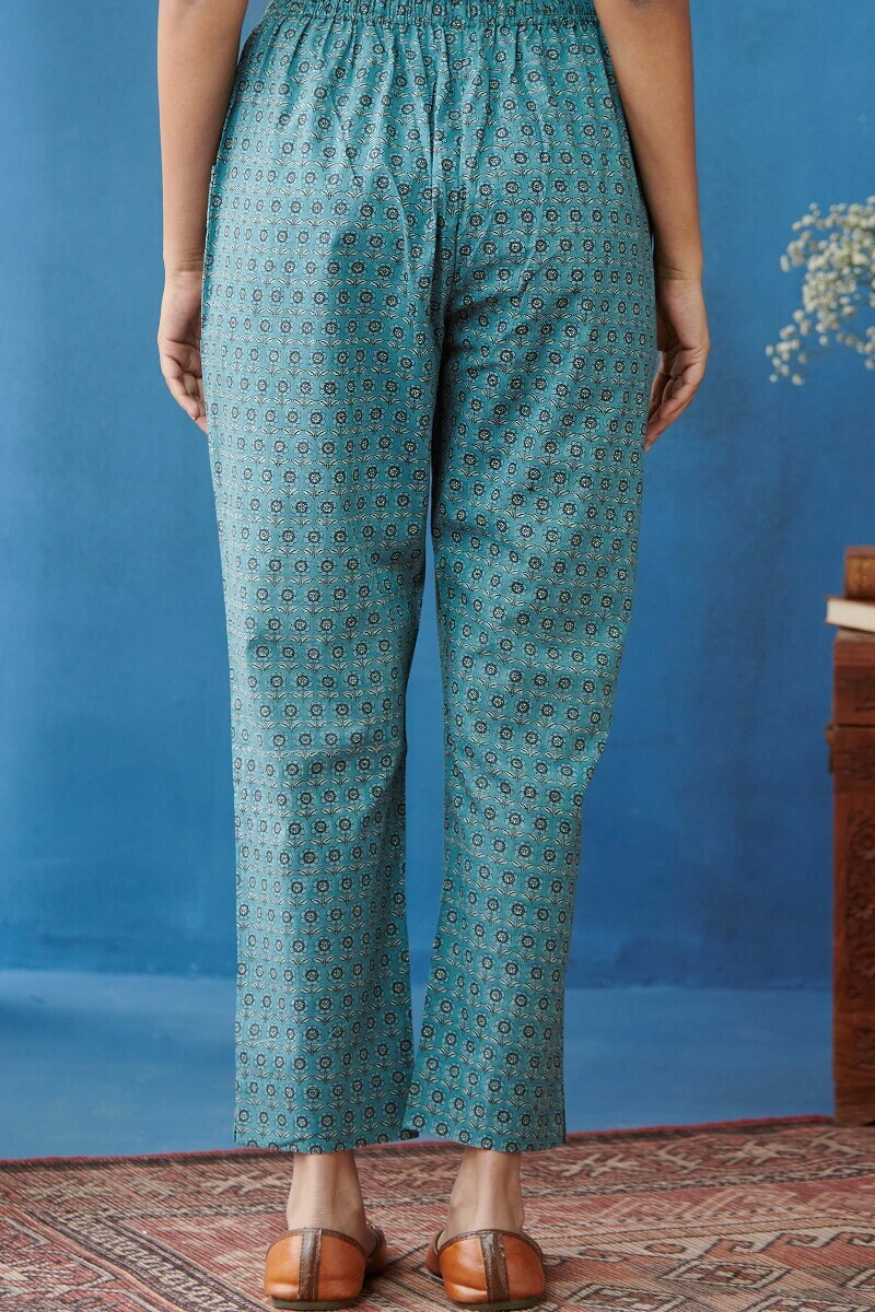Blue Hand Printed Cotton Narrow Pants