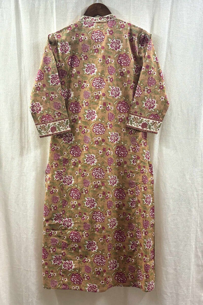 Mustard Hand-Printed Straight Cotton Slub Kurta