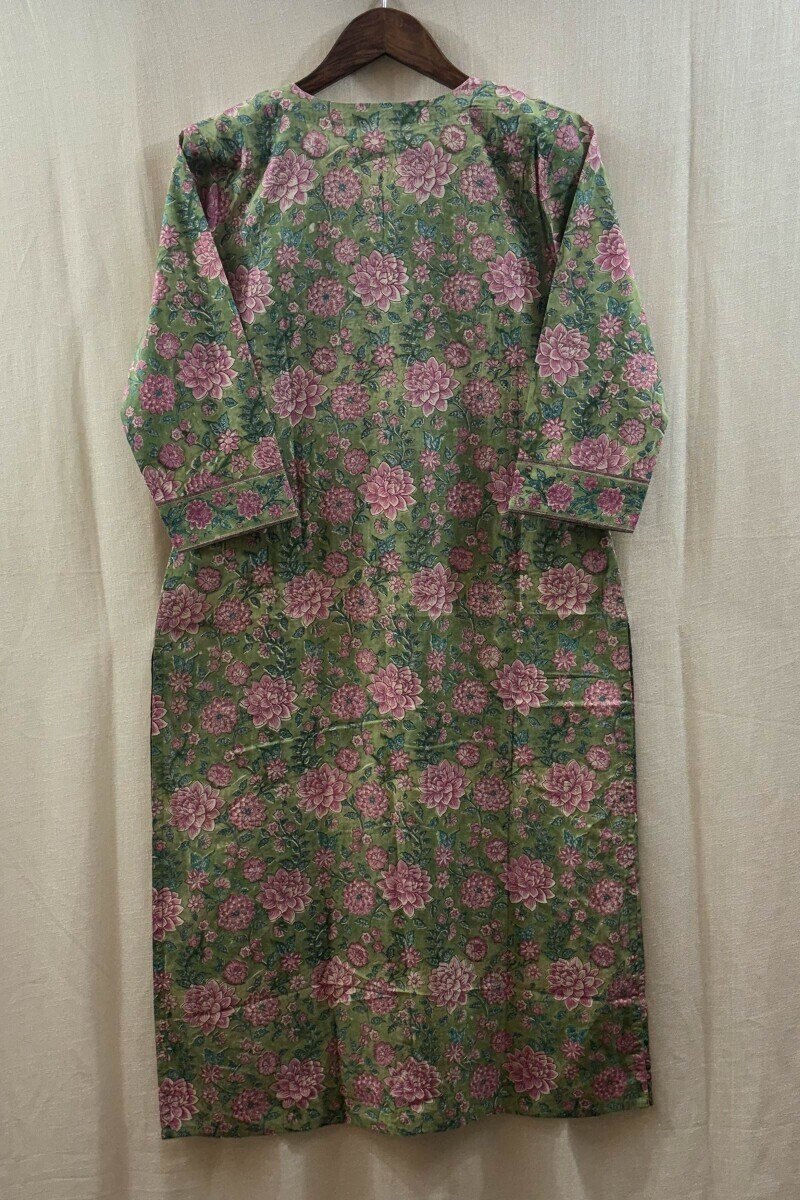 Green Hand Block-Printed Straight Cotton Kurta