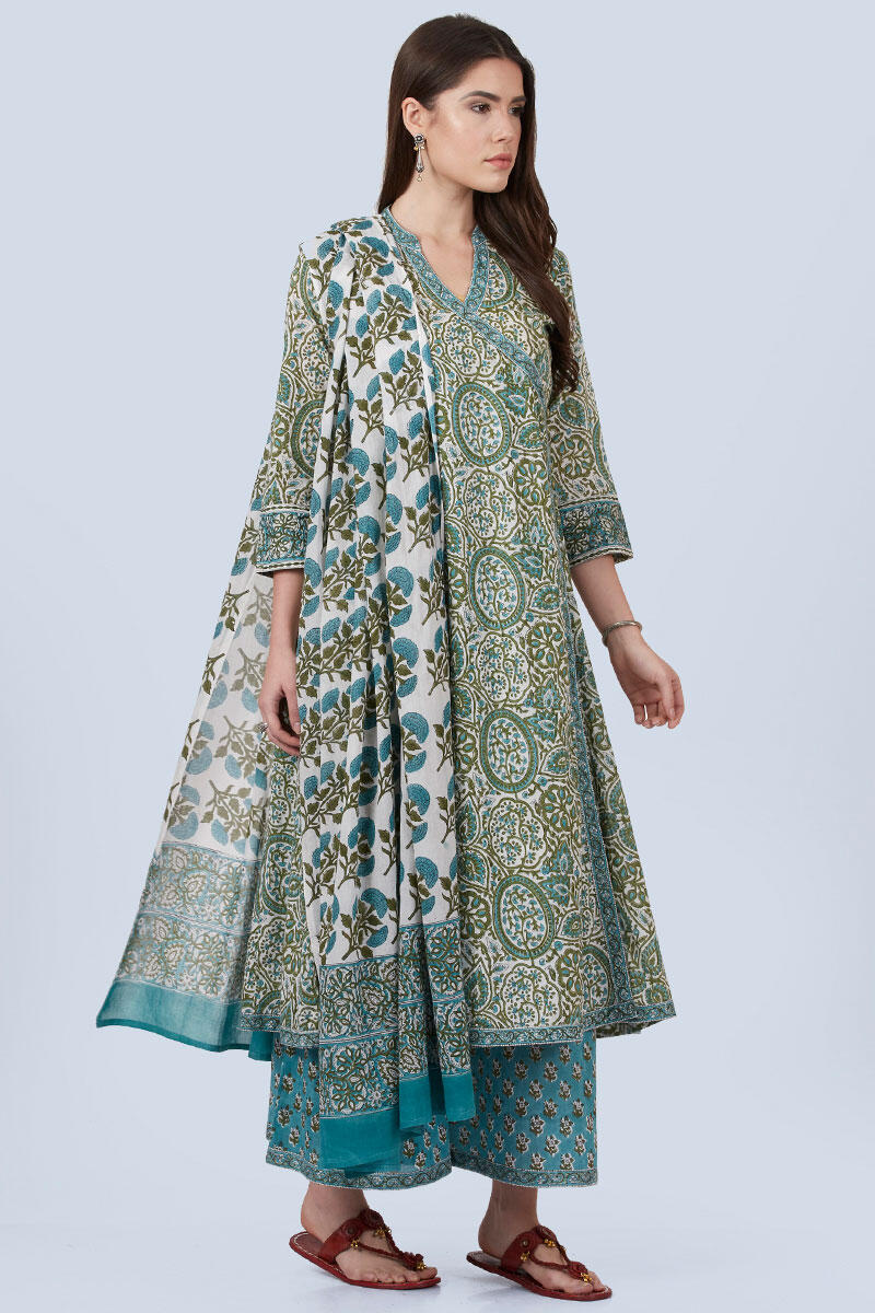 Green Block Printed Cotton Palazzo