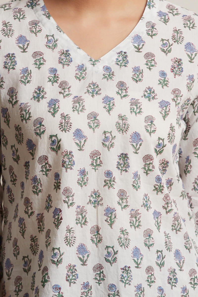 White Block Printed Cotton Nightsuit
