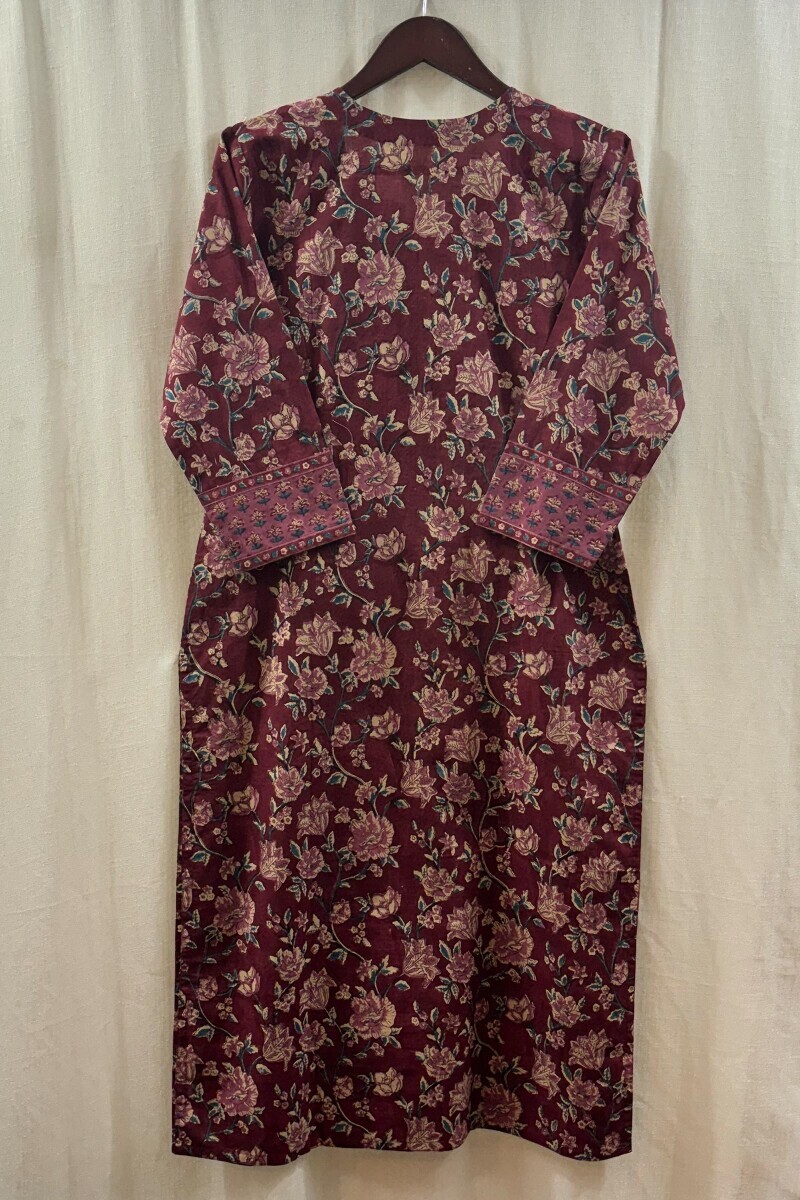 Maroon Hand Block-Printed Straight Kurta