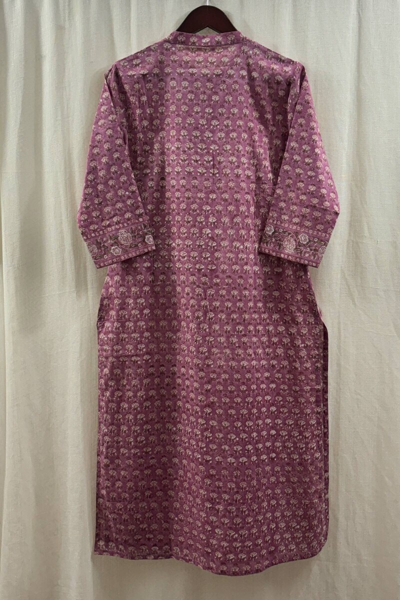 Purple Hand Block-Printed Straight Cotton Kurta