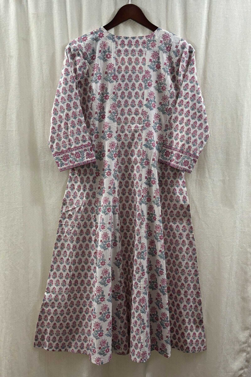 White Hand Block-Printed A-Line Cotton Kurta