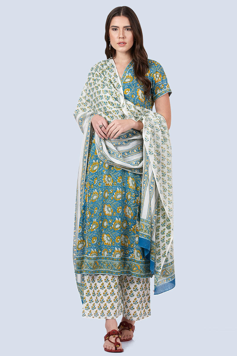 Blue Block Printed Straight Cotton Kurta
