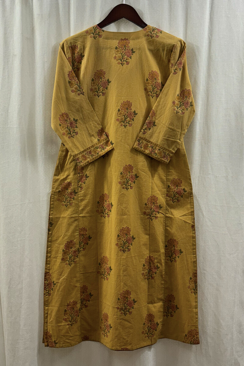 Mustard Hand Block-Printed Straight Cotton Kurta