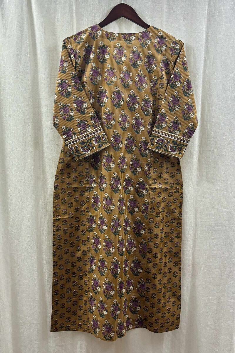 Mustard Hand Printed Straight Cotton Dobby Kurta