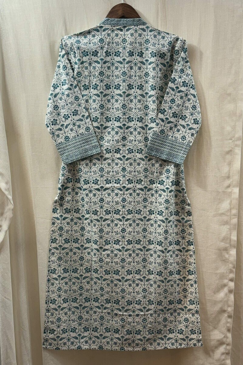White Hand Screen-Printed Straight Kurta for Women