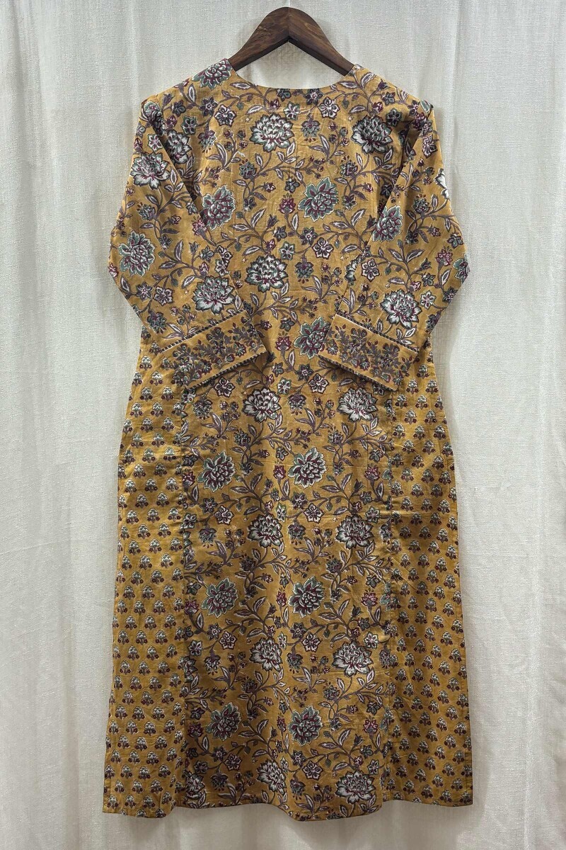 Mustard Hand Block-Printed Straight Cotton Kurta