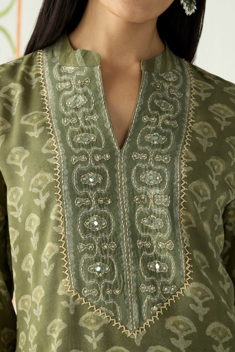 Green Hand Block Printed Straight Modal Kurta