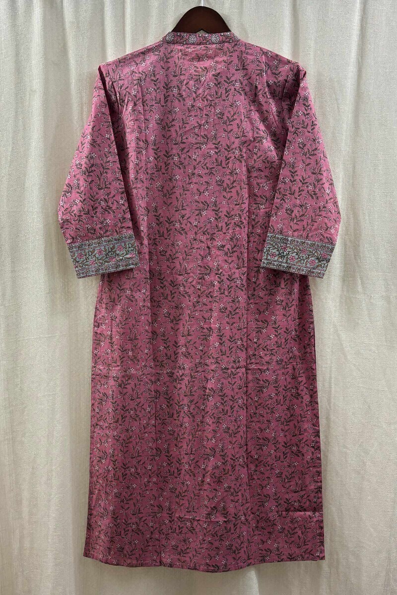 Pink Hand Printed Straight Kurta