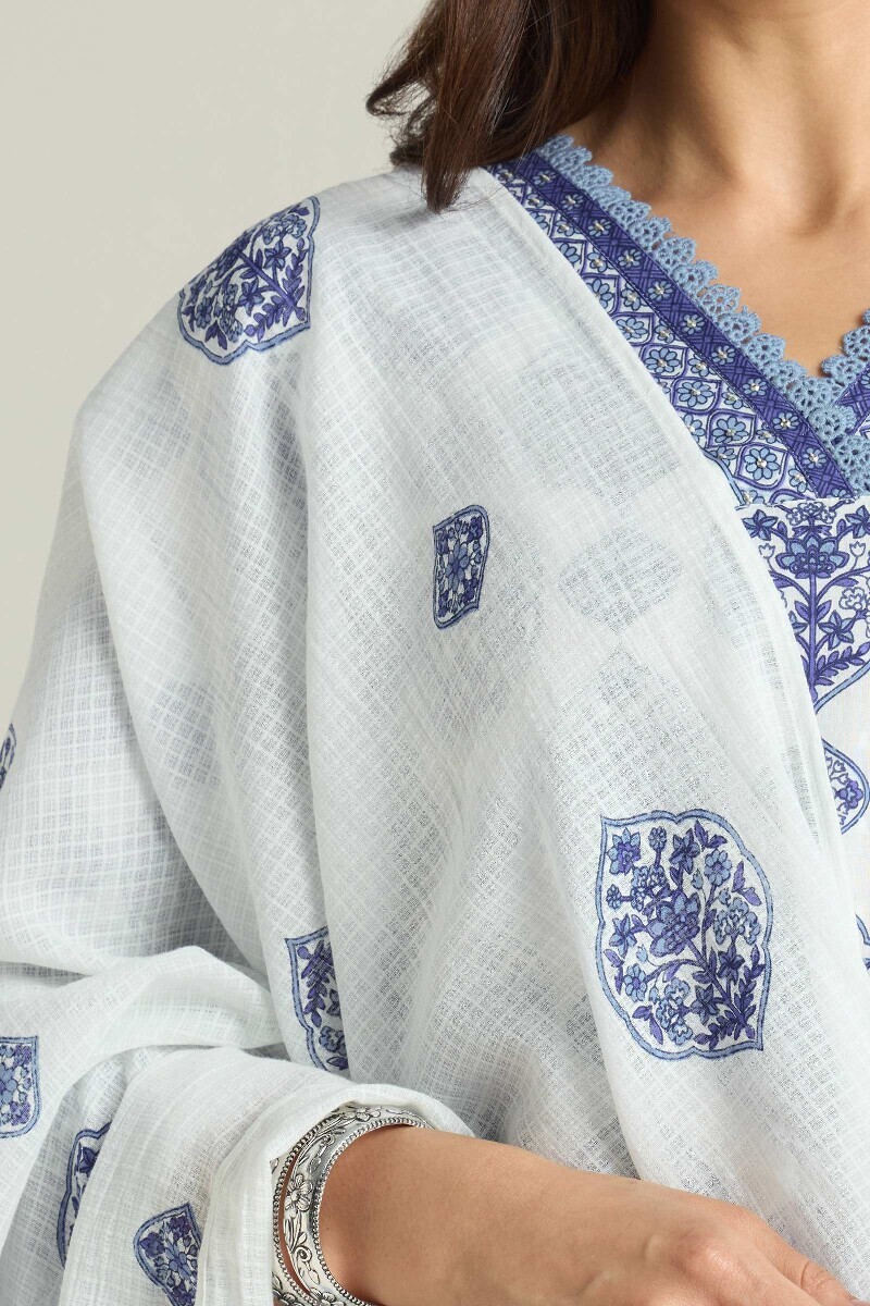 White Hand Printed Kota Dupatta