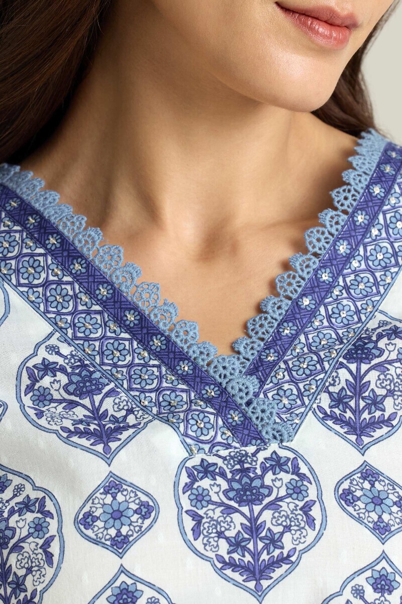 White Hand Printed Straight Cotton Dobby Kurta