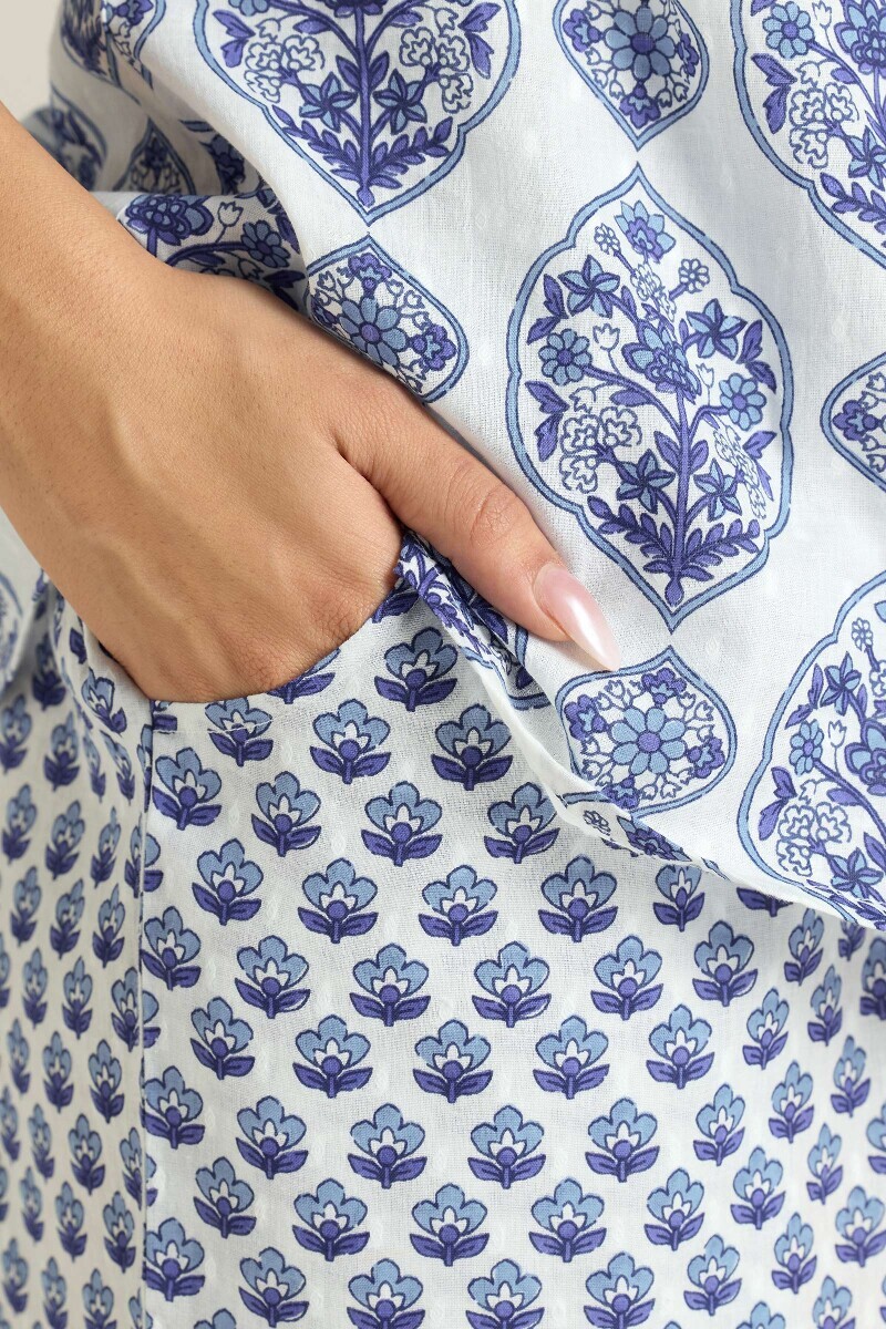 White Hand Printed Cotton Dobby Loungewear Set
