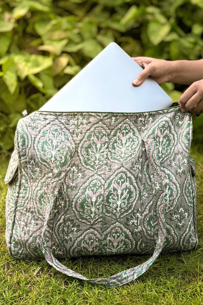 Grey Hand Block-Printed Cotton Duffel Bag