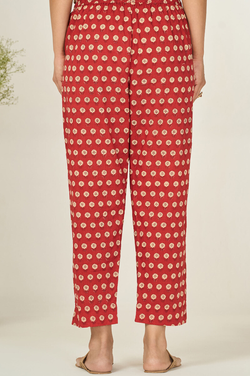 Red Hand Printed Cotton Narrow Pants