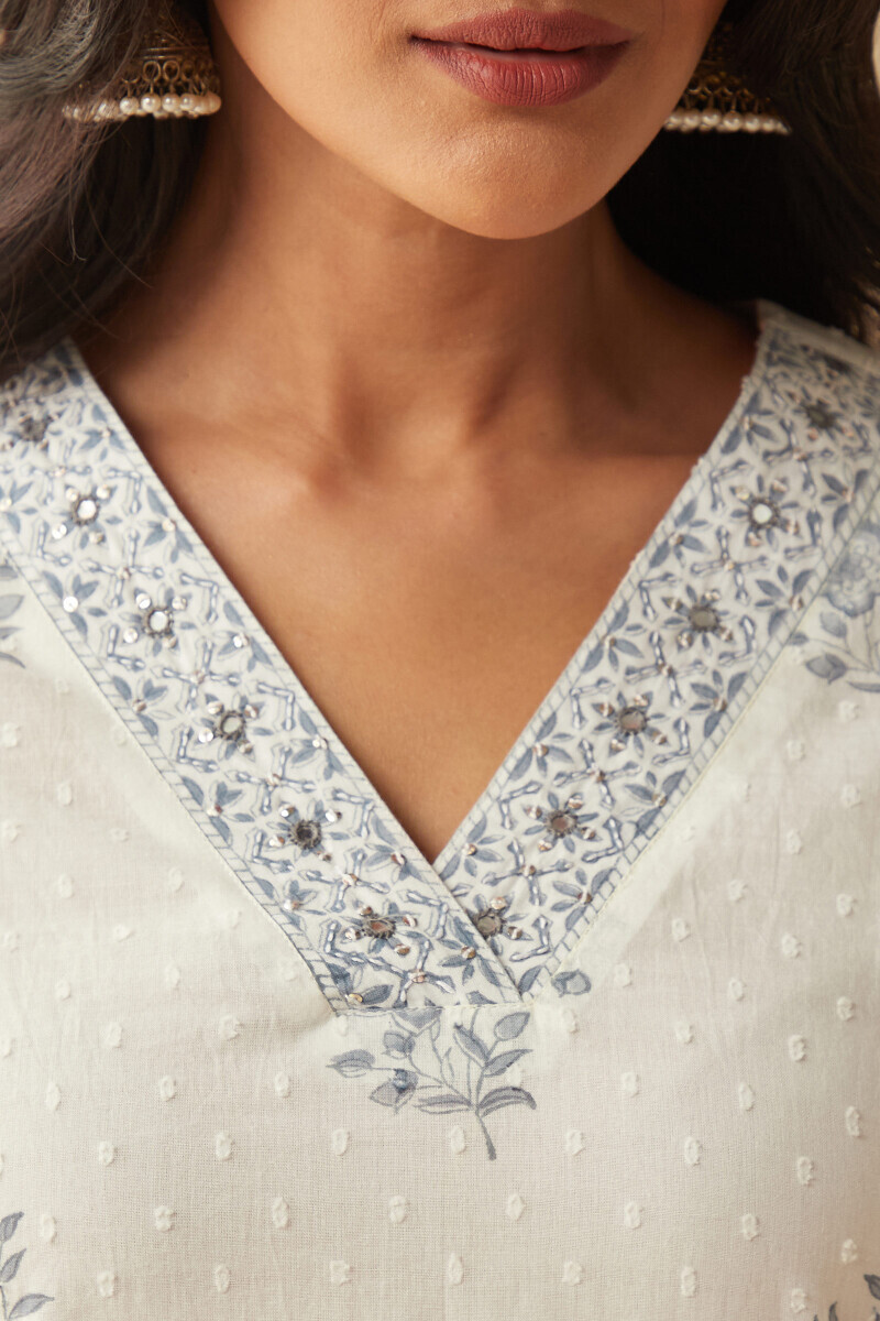 White Hand Block-Printed Straight Cotton Dobby Kurta