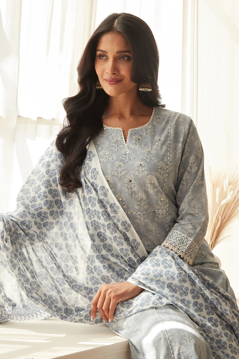 White Hand Block-Printed Cotton Mul Dupatta