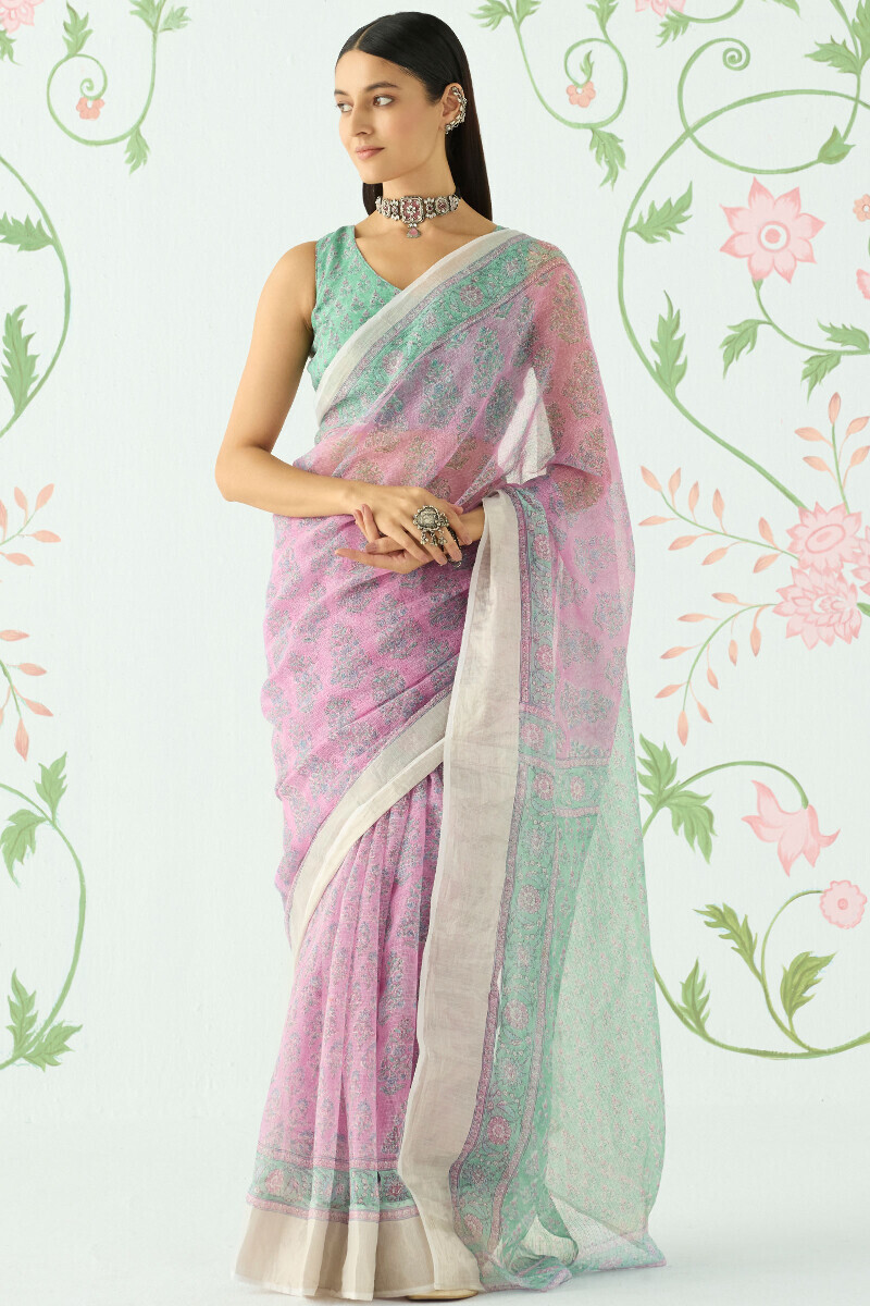 Purple Block Printed Kota Silk Saree