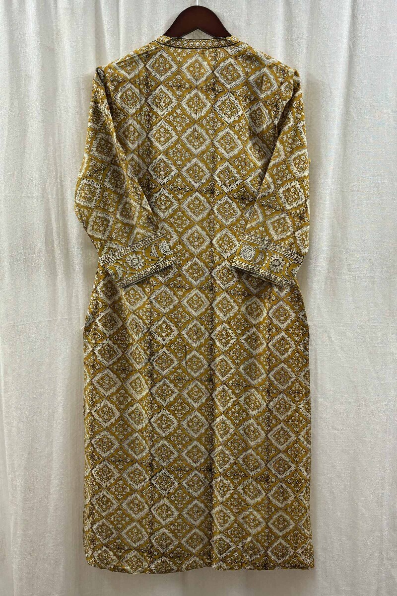 Mustard Hand Block-Printed Viscose Kurta