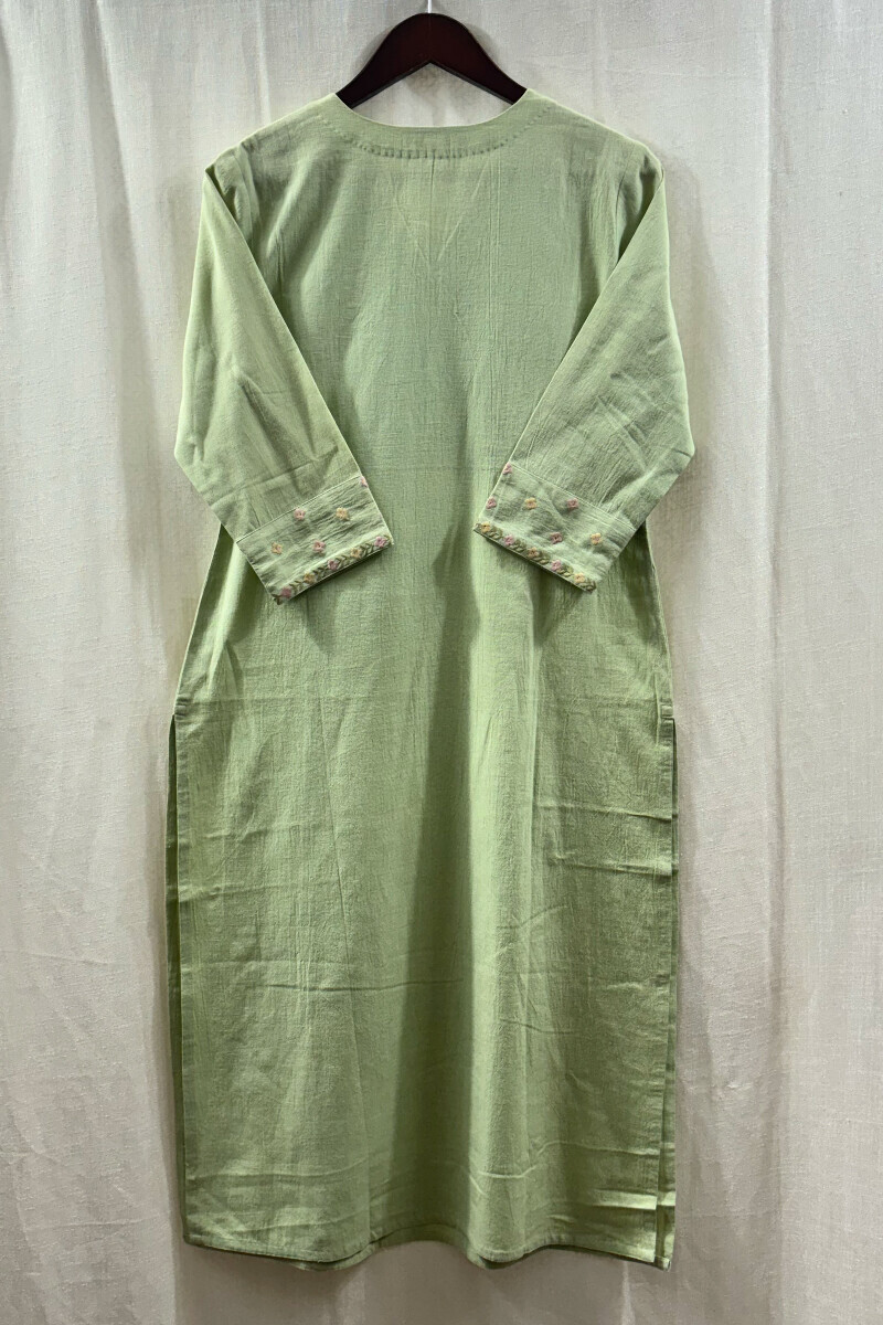 Green Handcrafted Straight Cotton Flax Kurta