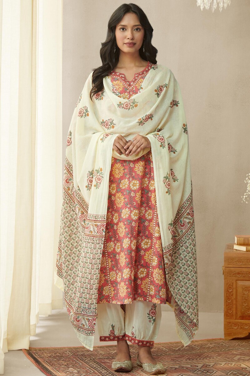 Cream Hand Printed Cotton Izhaar Pants